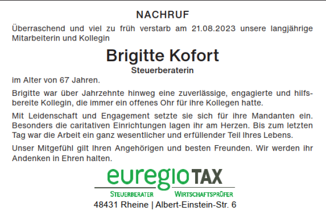 Nachruf Brigitte Kofort euregiotax 29 08 2023